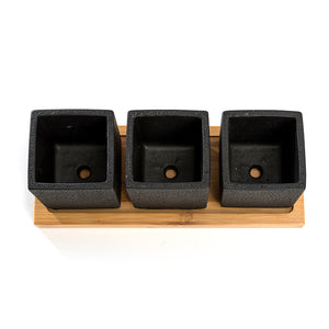 Set of 3pcs Square Black Succulent Planter Pots 2.5 inch Cement Pottery with Tray