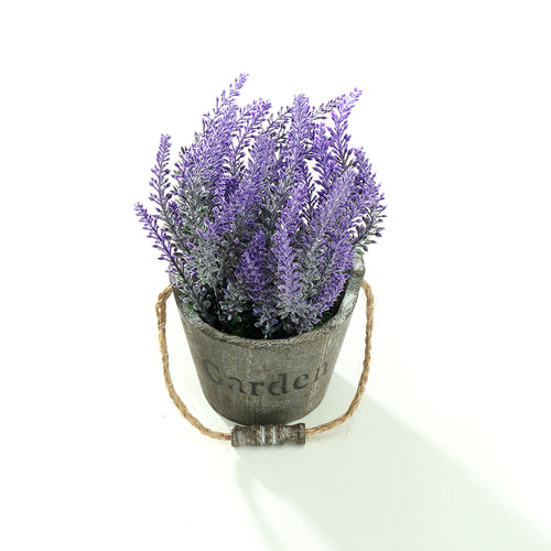 K-Cliffs Vintage Bouquet of Artificial Lavender Flowers  Potted in a Rustic Gray Wooden Planter Pot