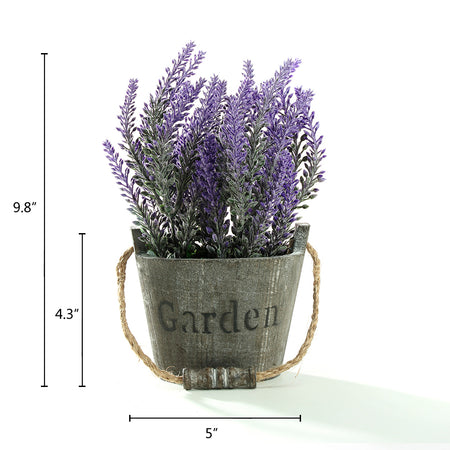 K-Cliffs Vintage Bouquet of Artificial Lavender Flowers  Potted in a Rustic Gray Wooden Planter Pot