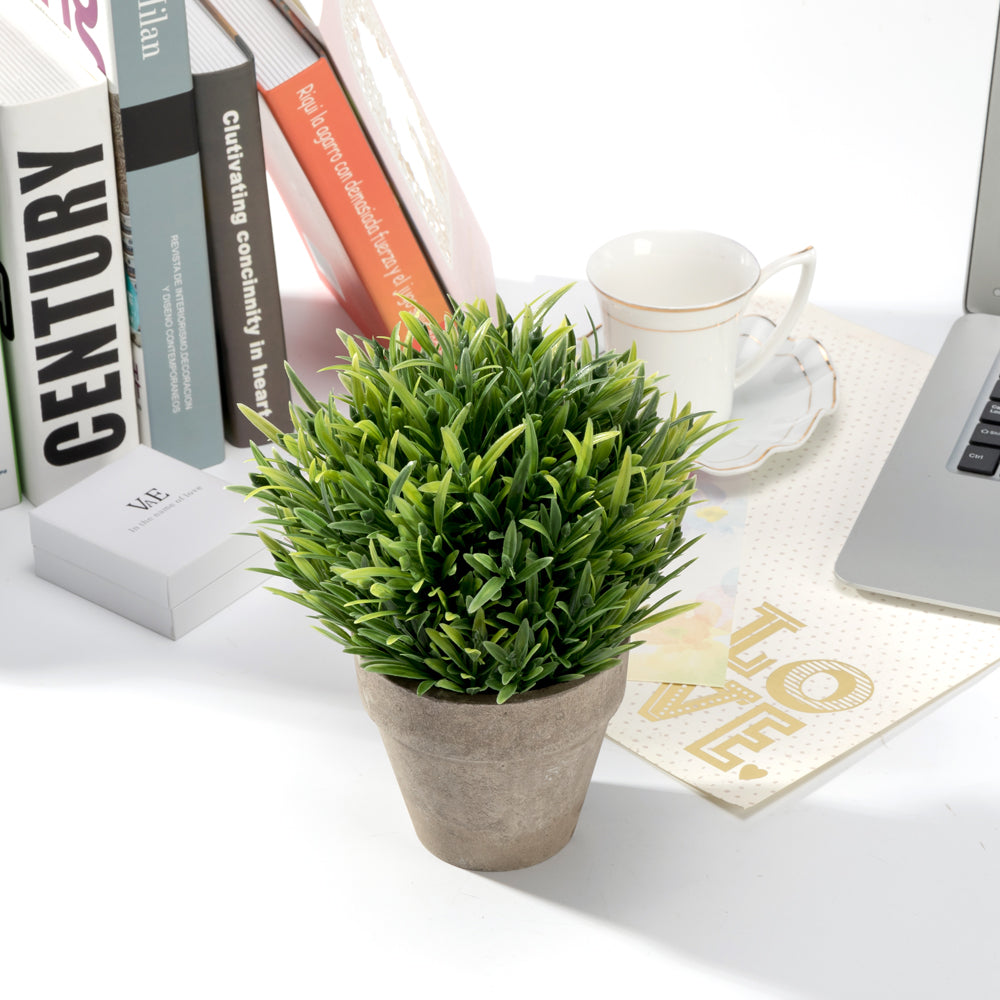 Mini Realistic Faux Green Grass Plant in Gray Pot - Tabletop Arrangement for Home & Office Décor