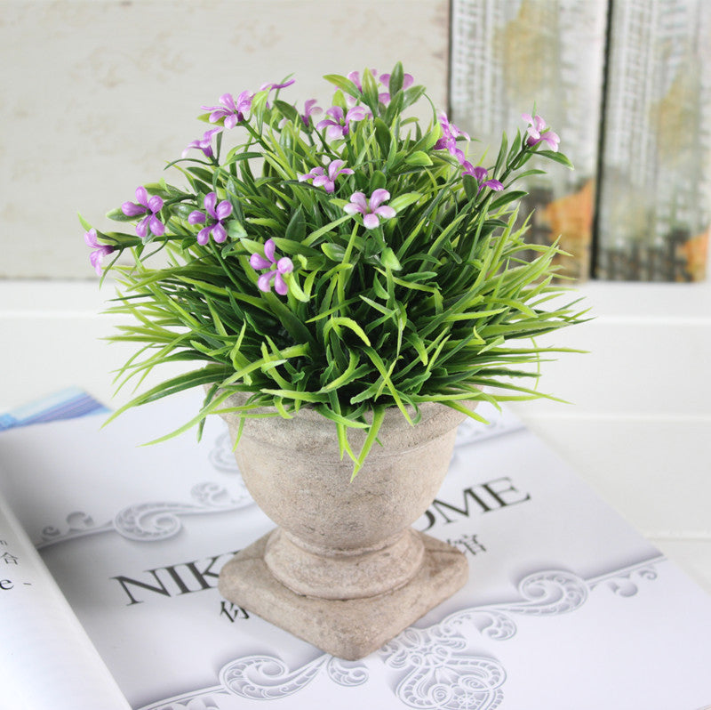 Mini Lifelike Artificial Green Grass & Purple Flowers in Trophy Design Pot - Faux Plant for Home & Office Décor