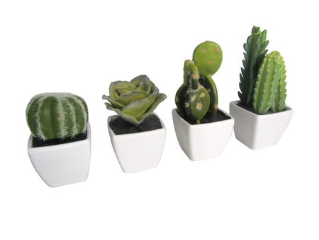 K-Cliffs Artificial Mini Succulents size 3" to 5" in White Ceramic Cube Shape Pot 4pcs Set