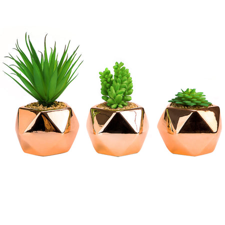 Set of 3 Small Artificial Succulent Plant in Rose Gold Geometric Pots