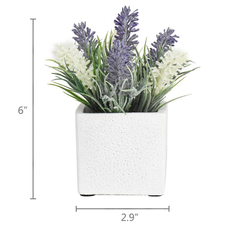 K-Cliffs Faux Lavender and White Flowers in 2.9 Inch White Cement Pot,  Set of 3