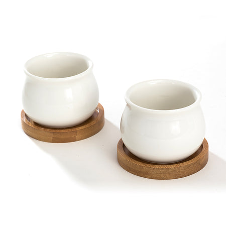 K-Cliffs Set of 2 White Jar Shape Ceramic Succulent Plant Pots With Bamboo Tray