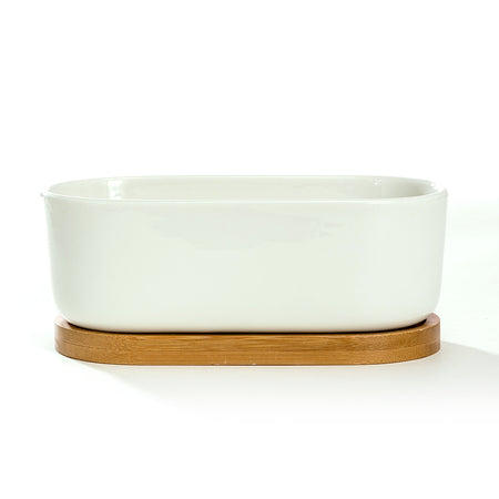 K-Cliffs 6.8" Ceramic Modern White Oval Succulent Planter with Bamboo Saucer