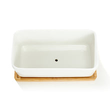 Load image into Gallery viewer, White Rectangular Ceramic Succulent Planter Pot with Bamboo Saucer