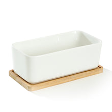 Load image into Gallery viewer, White Rectangular Ceramic Succulent Planter Pot with Bamboo Saucer