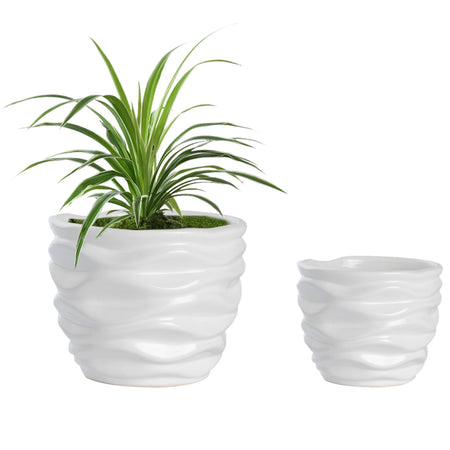 K-Cliffs "White Ceramic Flower Pots, Modern Design Waving Curve Texture Tabletop Succulent Planter, Set of 2