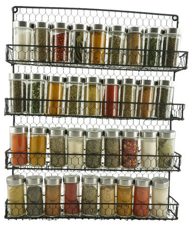 K-Cliffs 4 Tier Rustic Metal Chicken Wire Spice Rack, Wall Mounted