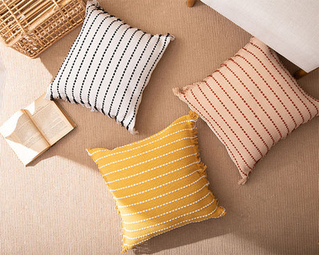 Multi Sized Stitch Line Woven Fringe Cotton Decorative Throw Pillow